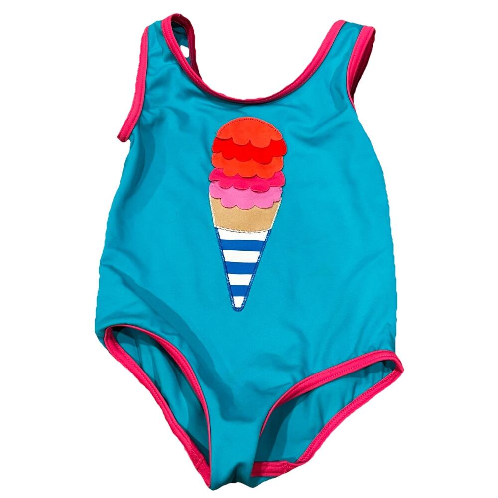 Mini Boden Girls 3-4 Years Aqua Blue Tank Swim Suit Ice Cream Cone Graphic